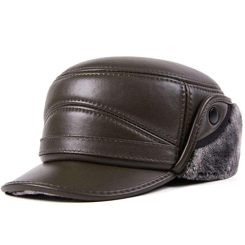 Winter Echte Schaffell Leder Uschanka Mütze | Dick gefütterte Fleece-gefütterte Warme Klappen-Mütze für Ältere Herren Outdoor Trapper Mütze für Papa
