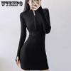 Semi-high-necked Spicy Girls' Zipper Wrapped Hip Short Dress Spring and Autumn Women's Dress Knitted Small Black Skirt Tight Dress