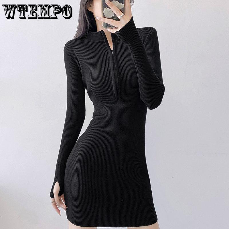 Semi-high-necked Spicy Girls' Zipper Wrapped Hip Short Dress Spring and Autumn Women's Dress Knitted Small Black Skirt Tight Dress