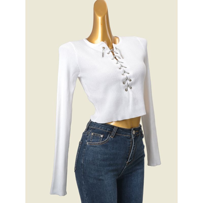 American High Waist Top Drawstring Rhinestone Thread High Elastic Short Slim Long Sleeve Knitwear Export Original Sample Women's Clothes