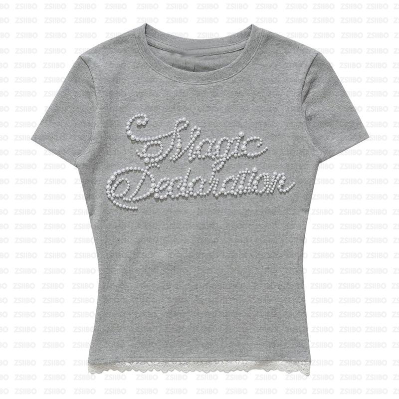 

Европейский и американский уличный стиль, женский летний облегающий ретро топ с короткими рукавами и буквенным узором на плече L серый