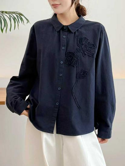 2026 Spring/Fall Women's Brushed Long-Sleeve Shirt with 3D Rose Design, Ideal for Layering.