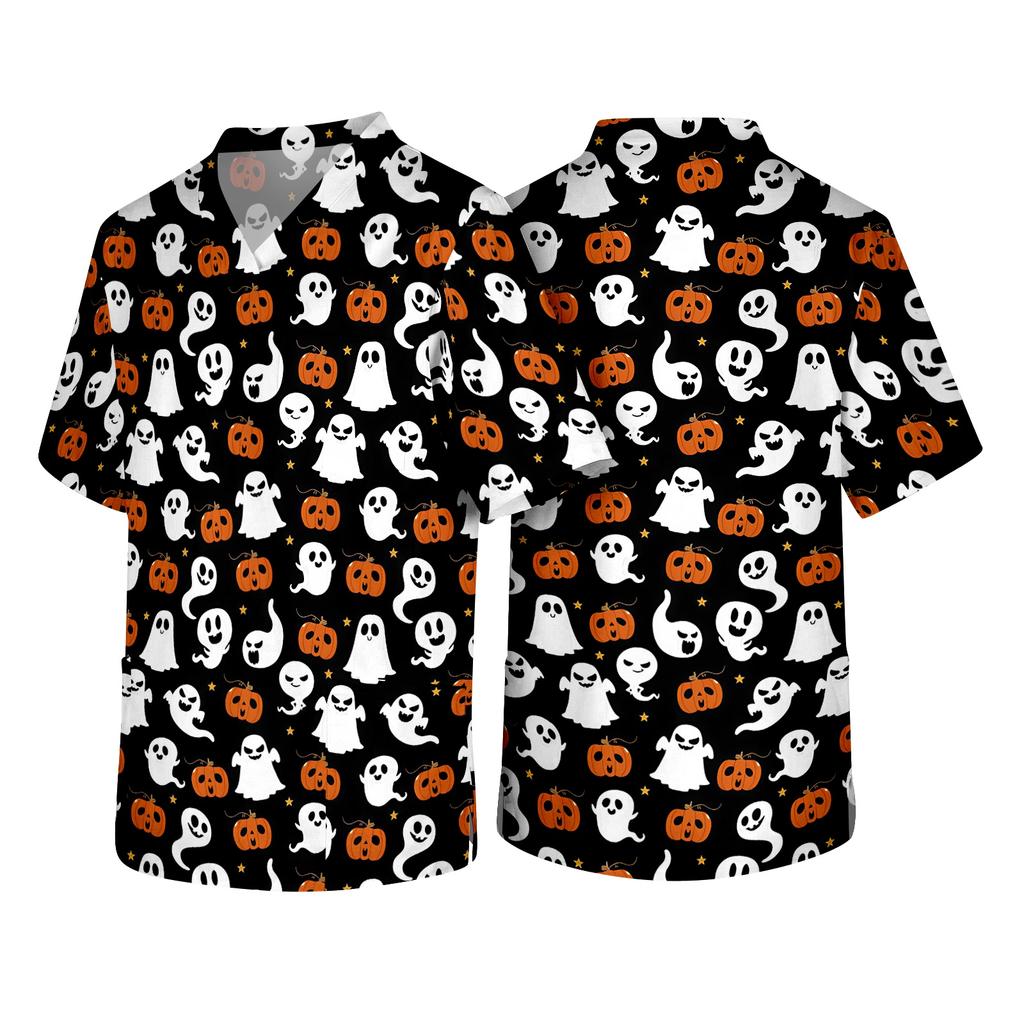 Men's V Neck Halloween Print Medical Scrub Top with Chest Pocket Short Sleeve Comfortable Fit Lightweight Fabric