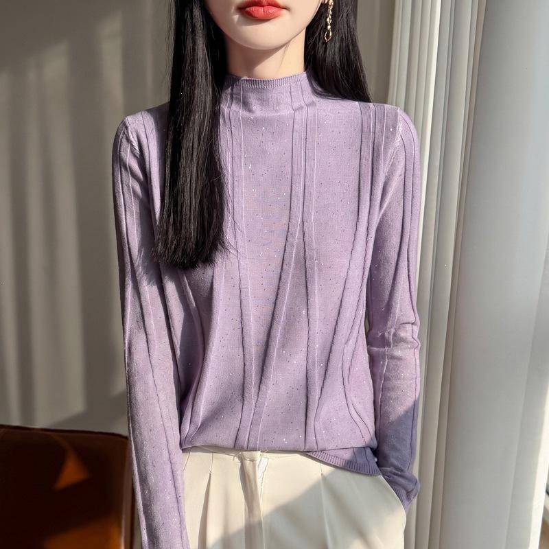 2026 Women's Autumn/Winter Slim-Fit Rhinestone Knit Sweater with Half-High Collar