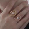 European-American Style Geometric Ring with Imitation Pearl, 18K Gold Plated Stainless Steel, Fade-Resistant.