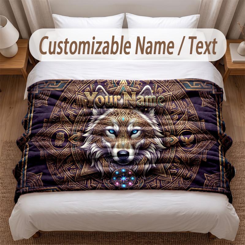 Wolf Theme Soft Blanket Personalized Custom Name Text Print Warm Blanket Home Sofa Bedroom Decor