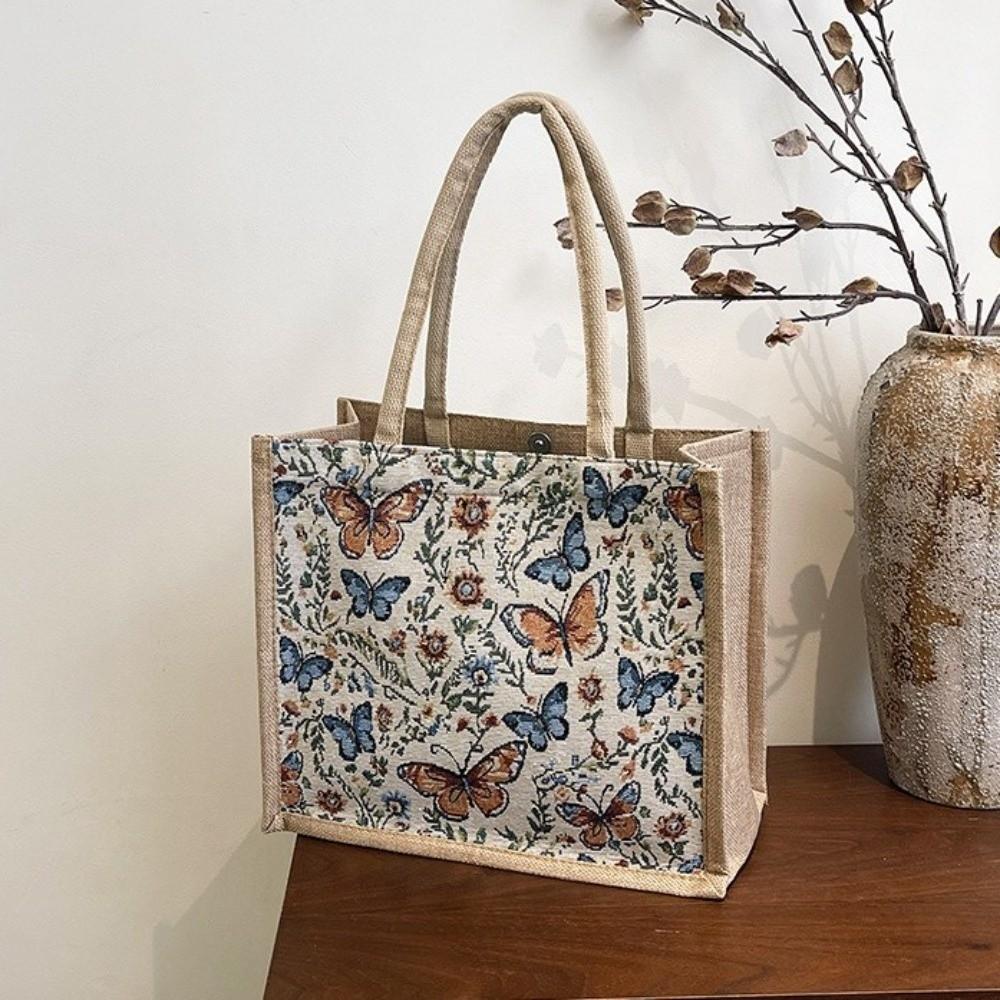 Flower Floral Pattern Shoulder Bag Canvas Geometric Cloth Bag Casual Ethnic Style Handbag Women
