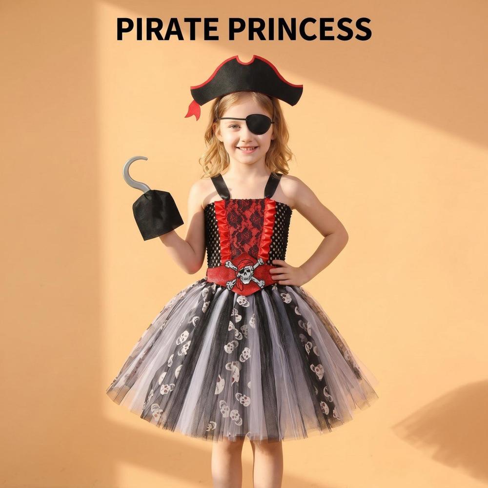 Kids Pirate Costume Dress with Tutu Skirt Skull Print Adjustable Straps and Accessory Set for Halloween Costume Party Role Play