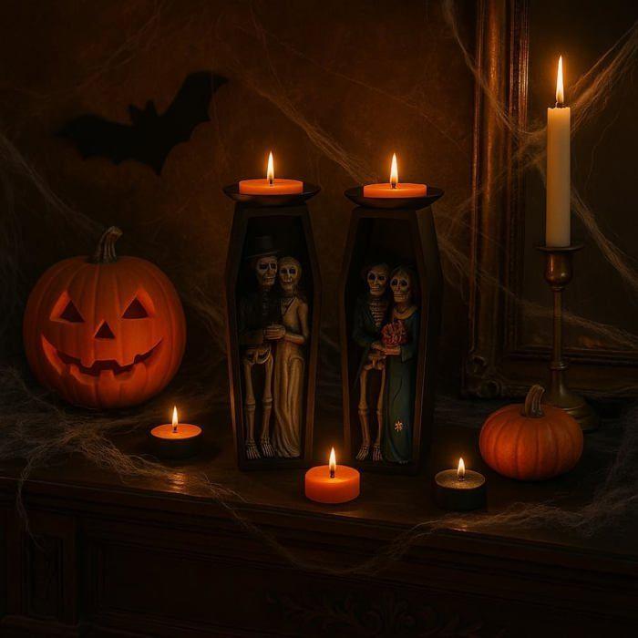 Grand Bougeoir Halloween 18cm en Forme de Cercueil avec Squelettes Couleur Aléatoire et 9 Bougies Chauffe Plats