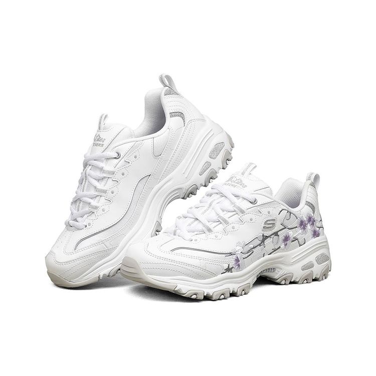 Skechers DLites 1.0 Cuir Floral Sport Confort Basse Top Lifestyle Chaussures Baskets Femme Blanc 149239-WLV