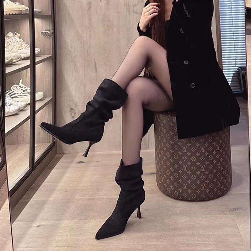 2025 Autumn and Winter New Pointed Short Boots Women's Thin Heel Suede Medium Tube Stacking Boots High Heel Elastic Thin Boots Martin Boots