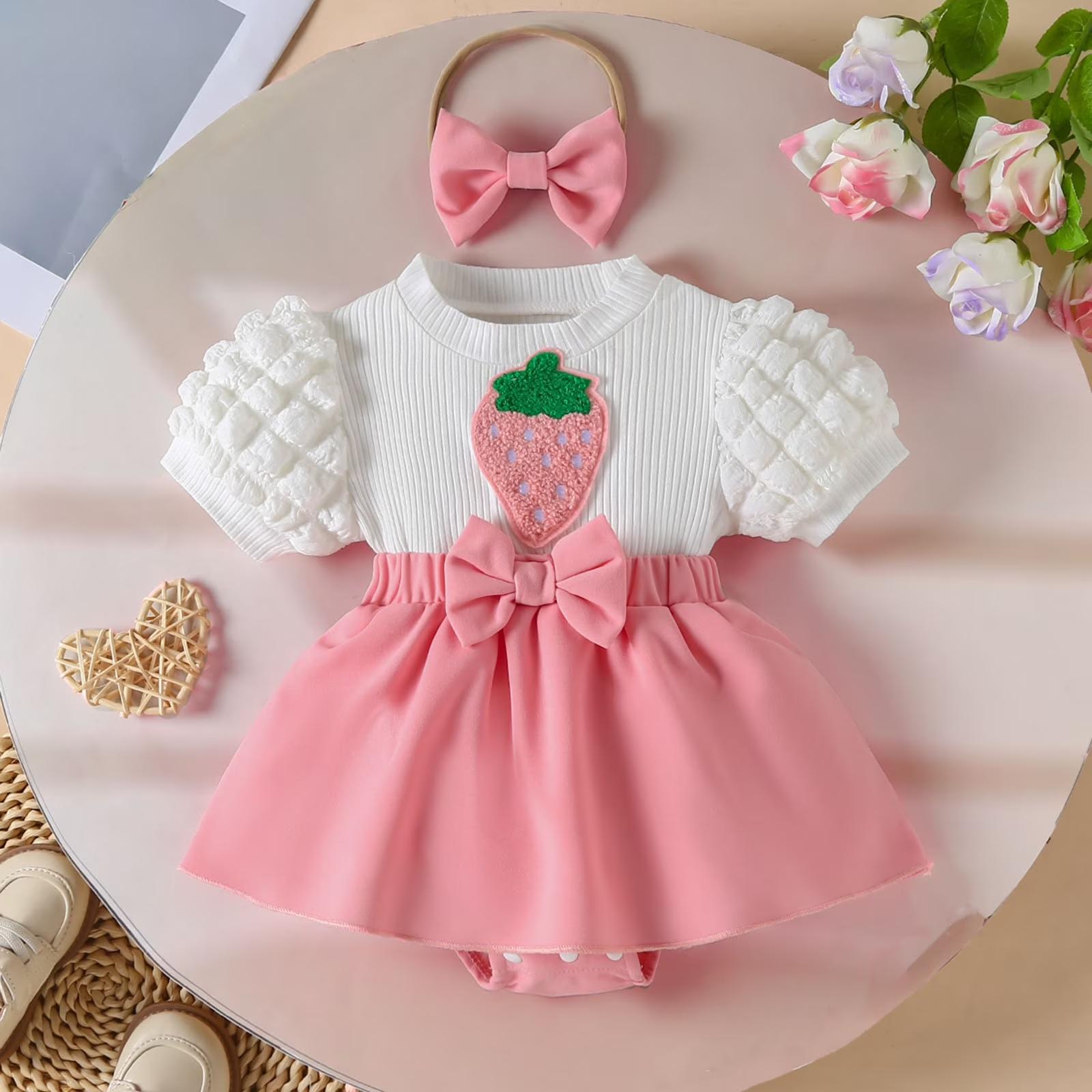 Strawberry Print Short Sleeve Puff Sleeve Romper Dress with Headband 12M розовый