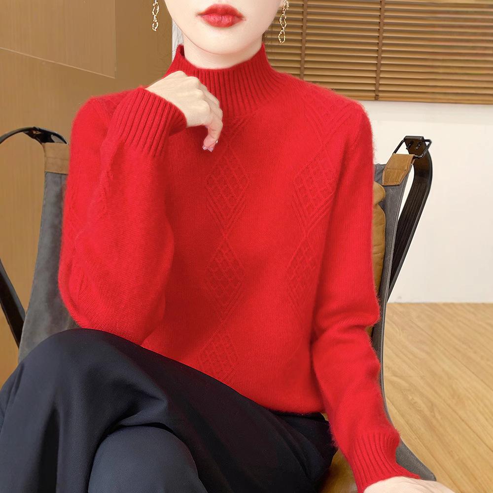 Ladies' Diamond Pattern High Neck Wool Knit Sweater - Thickened for Autumn/Winter