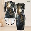 Women Plus Size Two Piece Set Printed Sleeveless Bodycon Dress Long Sleeve Open Cardigan Black Golden