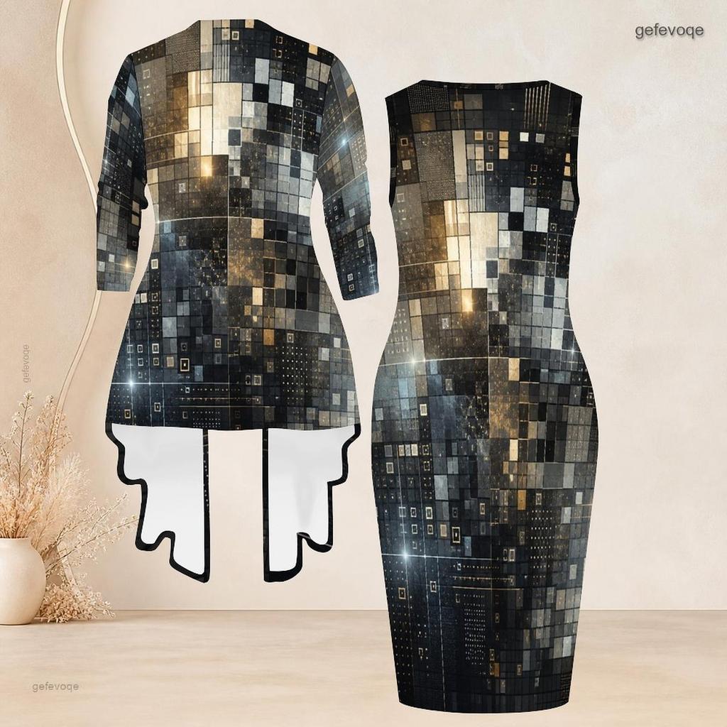 Women Plus Size Two Piece Set Printed Sleeveless Bodycon Dress Long Sleeve Open Cardigan Black Golden