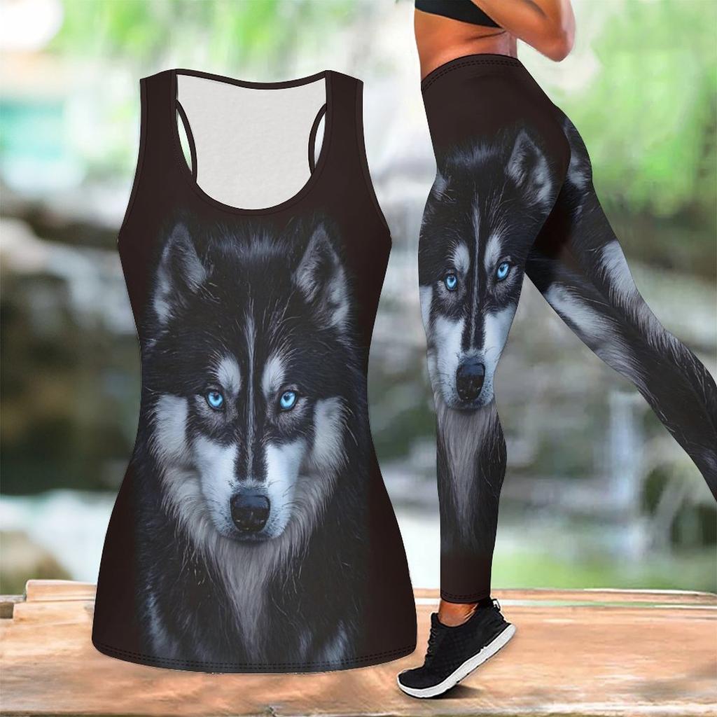 Loyales Tiermuster Druck Yoga Outfit für Damen Mode Workout Leggings Fitness Sport Lässiges Yoga Set Sportanzug