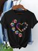 Short-Sleeved Round-Neck with Watercolor-Style Paw Prints and Heart Patterns Summer Short Sleeved Harajuku Streetwear Tops Tees