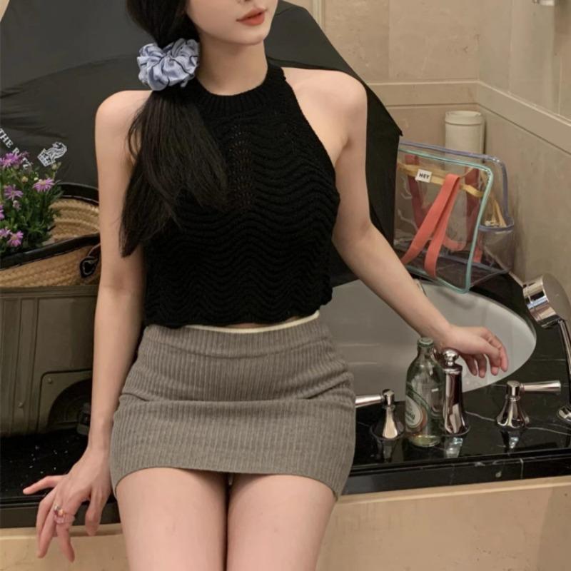 Sweet Spice I Knit Little Tank Top with Halter Women Summer Sleeveless with Off-the-shoulder Base Short Top To Wear