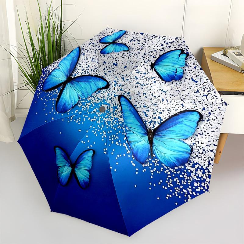 

1pc Blue Butterfly Circular Artwork Umbrella with Plastic Handle,Vibrant Cartoon Pattern,Multi-functional UmbrellaPT210