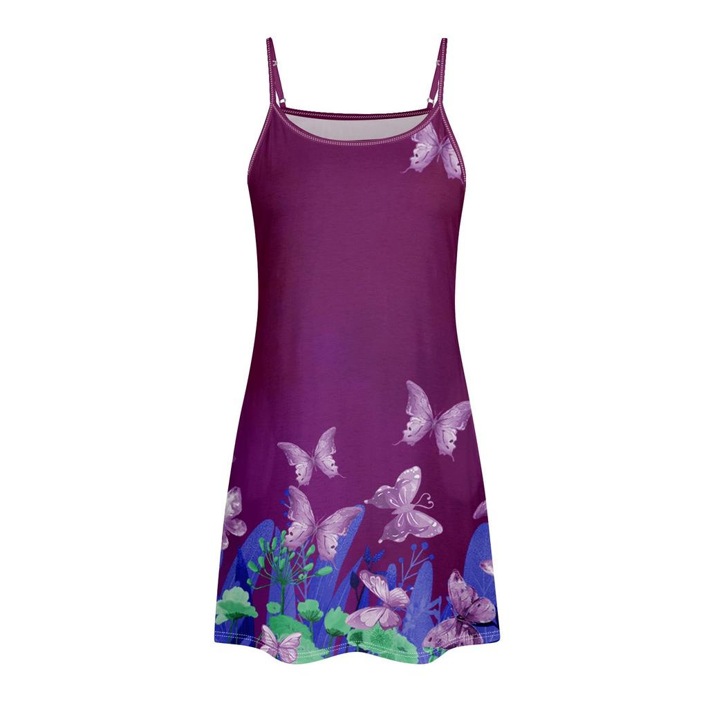 Women's Slim Fitting Dress Fashion Printed Round Neck Pocket Sling Strap Dress