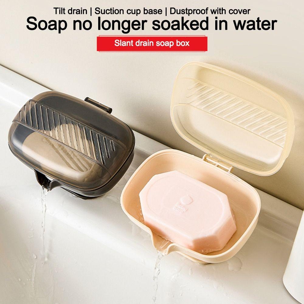 Durable Sloped Drainage Draining Soap Box Suction Cup Base Dustproof Lid Soap Dish Soap Container for Bathroom Sink Countertop