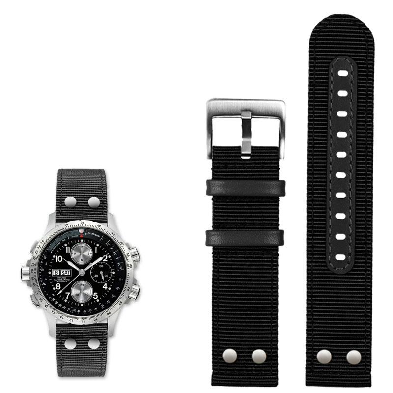 Nylon+Leather Watchband For Sei-ko Hamilton Khaki Aviation Beyond Wind Series Canvas with Rivet Military Watch Band Strap 22mm