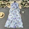 Women Fashion Vintage Elegant Stand Neck High Waist Slim A-line Print Ruffle Edge Chiffon Dress Spring Party Vacation Pleat robe
