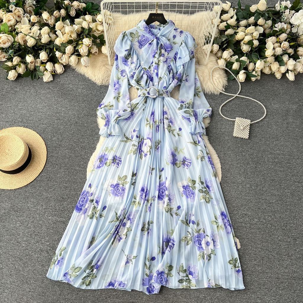 Women Fashion Vintage Elegant Stand Neck High Waist Slim A-line Print Ruffle Edge Chiffon Dress Spring Party Vacation Pleat robe