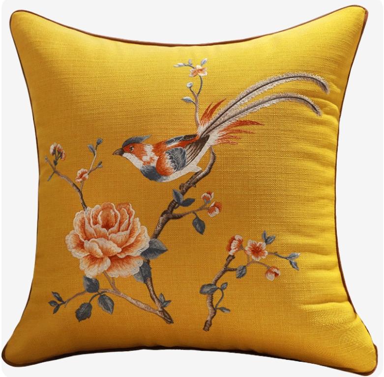Chinese Style Embroidery Throw Pillow Cover Yellow Linen Cushion Cover with Peony & Bird Pattern for Sofa Home Decor