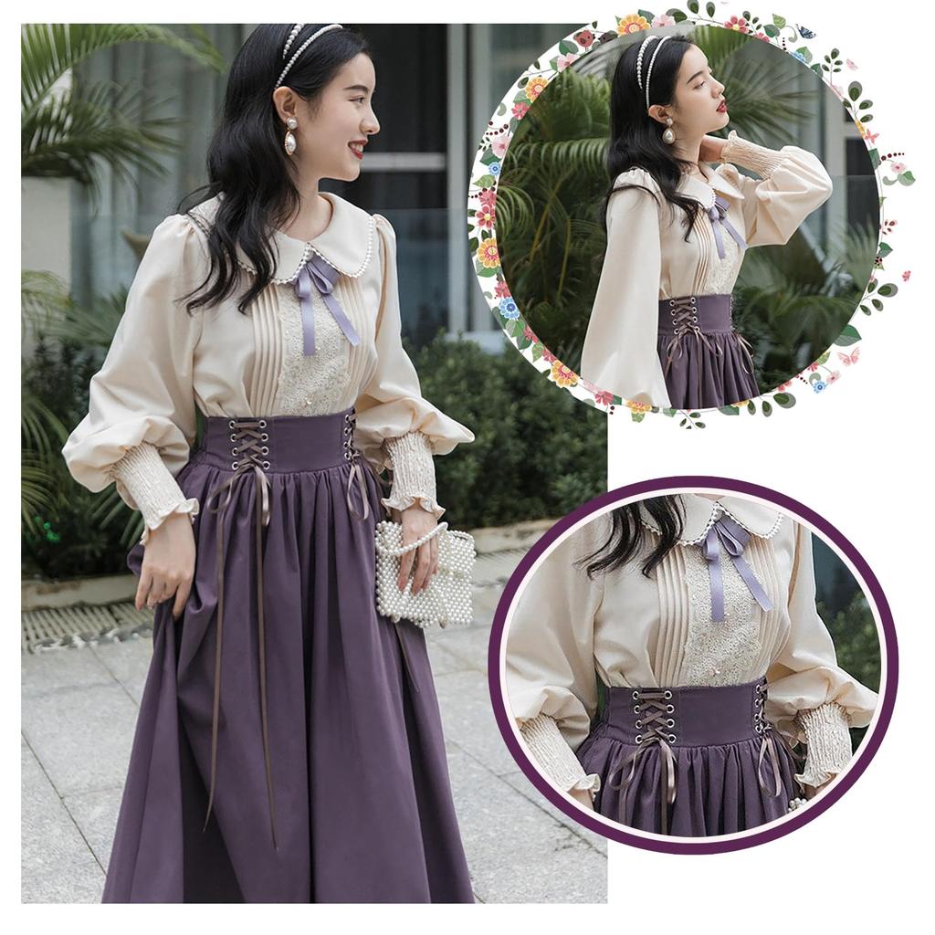 cute blouse and skirt set for top and bottoms with a bow Long Mori perfect for [LAVASEON] Mass-produced, 2-piece women. Midi-length tie. sleeves,