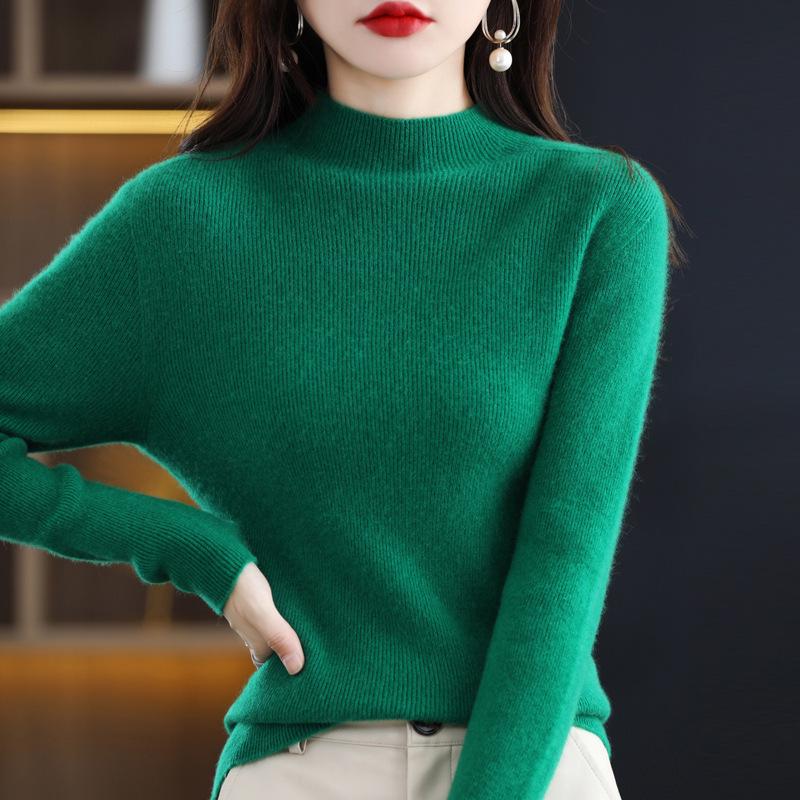 Women's Pure Wool Long Sleeve Pullover Sweater with Half-High Neck - Solid Color, Base Layer for Autumn and Winter
