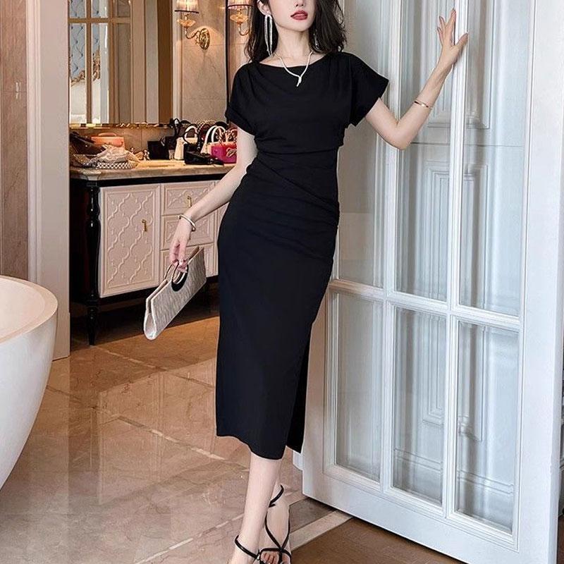 Commute Elegant Slash Neck Dresses French Style Slim Folds Women's Solid Color Summer Waist Solid Color Midi Dress New