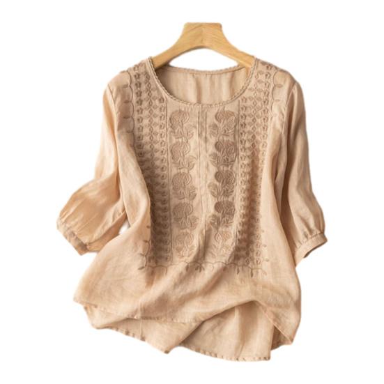 Women Tops Round Neck 3/4 Sleeve Puff Sleeve Loose Fit Casual Tops Embroidery Irregular Hem Blouse Spring Summer Wear