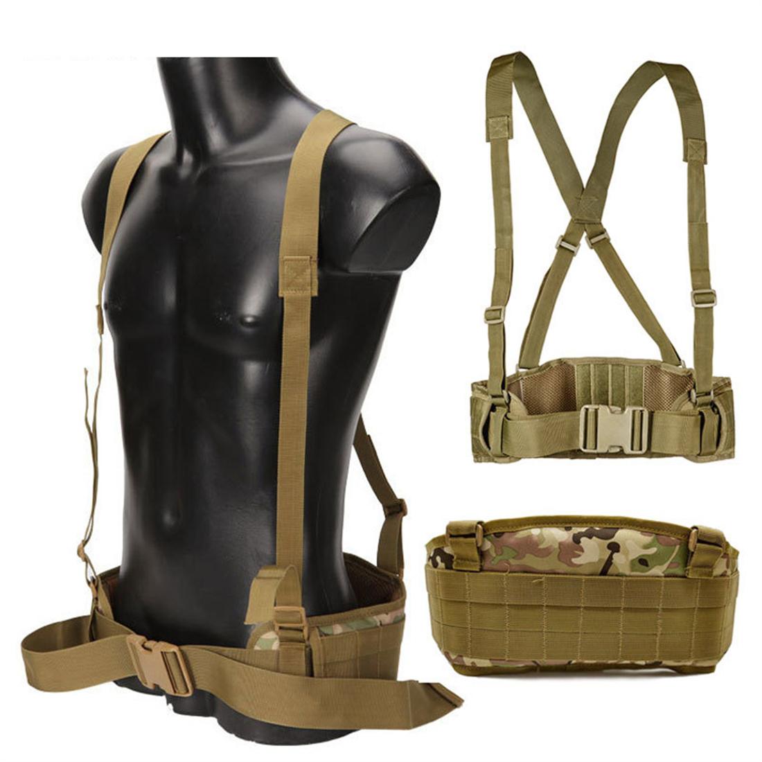 Tactical MOLLE Padded Waist Belt with Y-Shaped Suspenders 600D Heavy Duty Battle Belt Support Combat Load Carrier for Airsoft Hunting