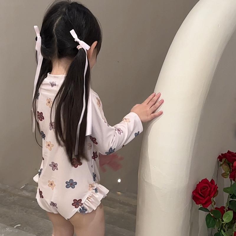 Jednoczęściowy strój kąpielowy z długim rękawem dla dziewczynek - Uroczy styl księżniczki z ochroną przeciwsłoneczną dla maluchów, Idealny na wiosenne i letnie wakacje