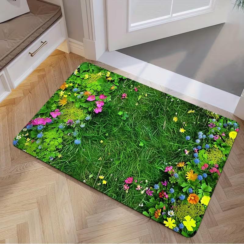 Lush Grass and Bloom Print Entry Mat Washable Soft Door Mat for Kitchen Living Room Bedroom Indoor Spring Decor Floor Mat
