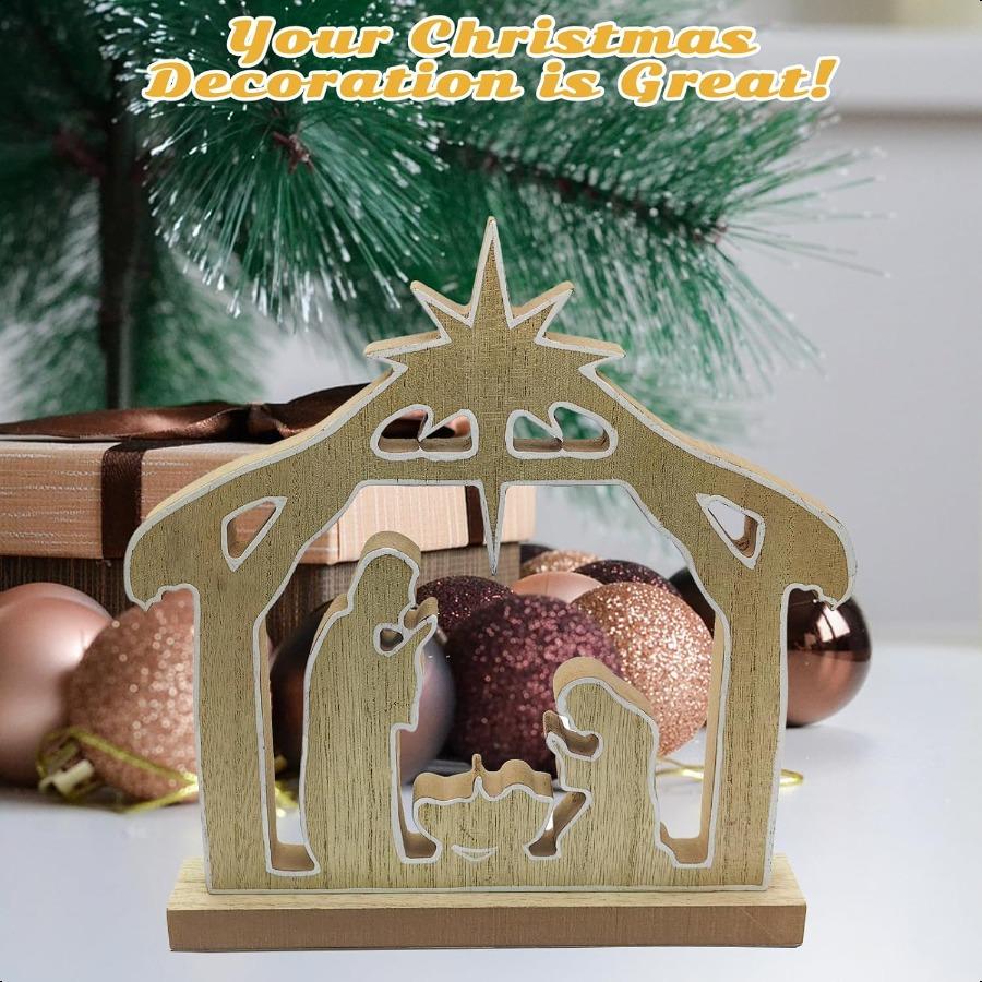 Wooden Nativity Scene Sets Hand Painted Holy Family Figure Religious Christmas Decoration for Table Centerpiece Home Jesus Offi