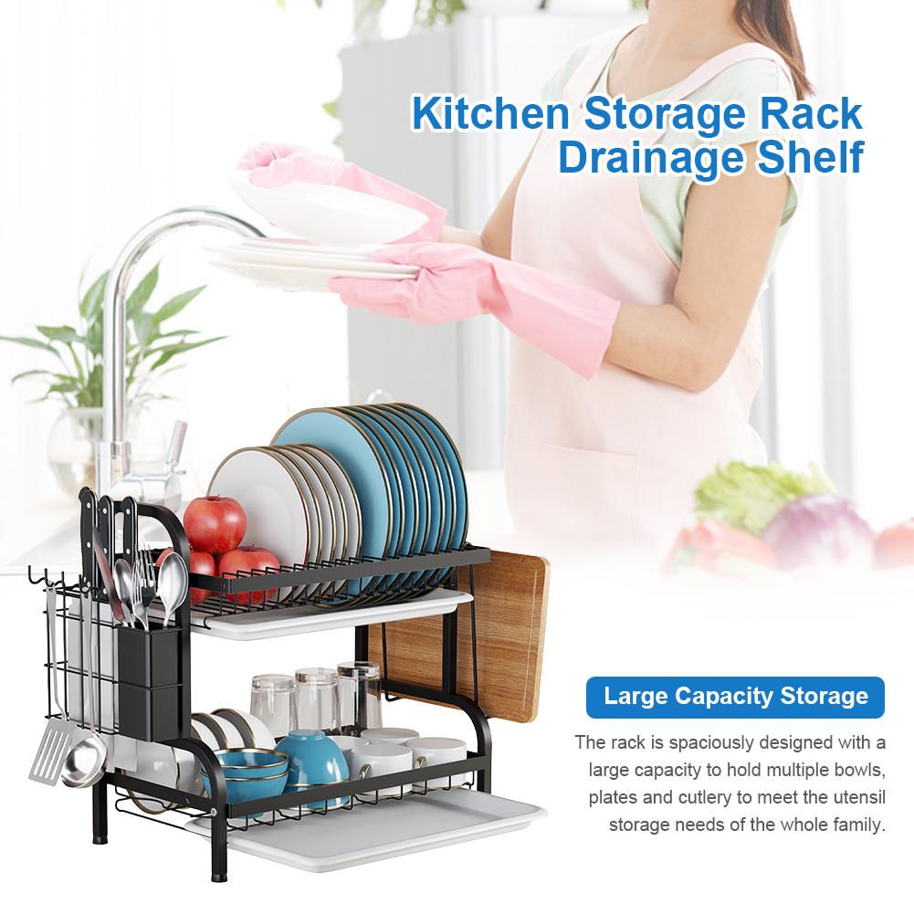 2 Tier Dish Drainer with Drainboard Dish Rack Large Capacity Dish Bowl Draining Storage Rack Saving Space for Kitchen Countertop