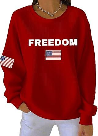 Women's Crew Neck Long Sleeve Ribbed Knit Loose Fit Minimalist Freedom USA Flag Graphic Pullover Sweatshirt