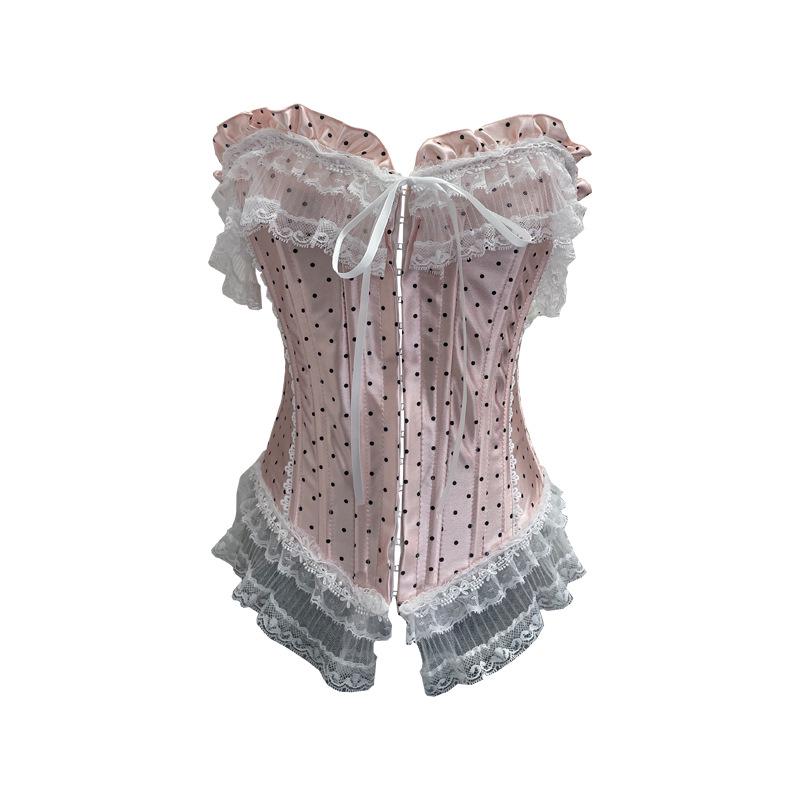 Retro Polka Dot Strapless Lace Trim Crop Top 