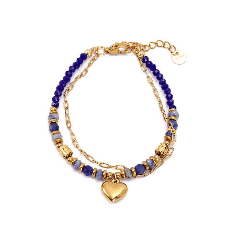 Bohemian Double-Layer Women's Bracelet with Natural Stone, Crystal & Stainless Steel Beads - Peach Heart Design