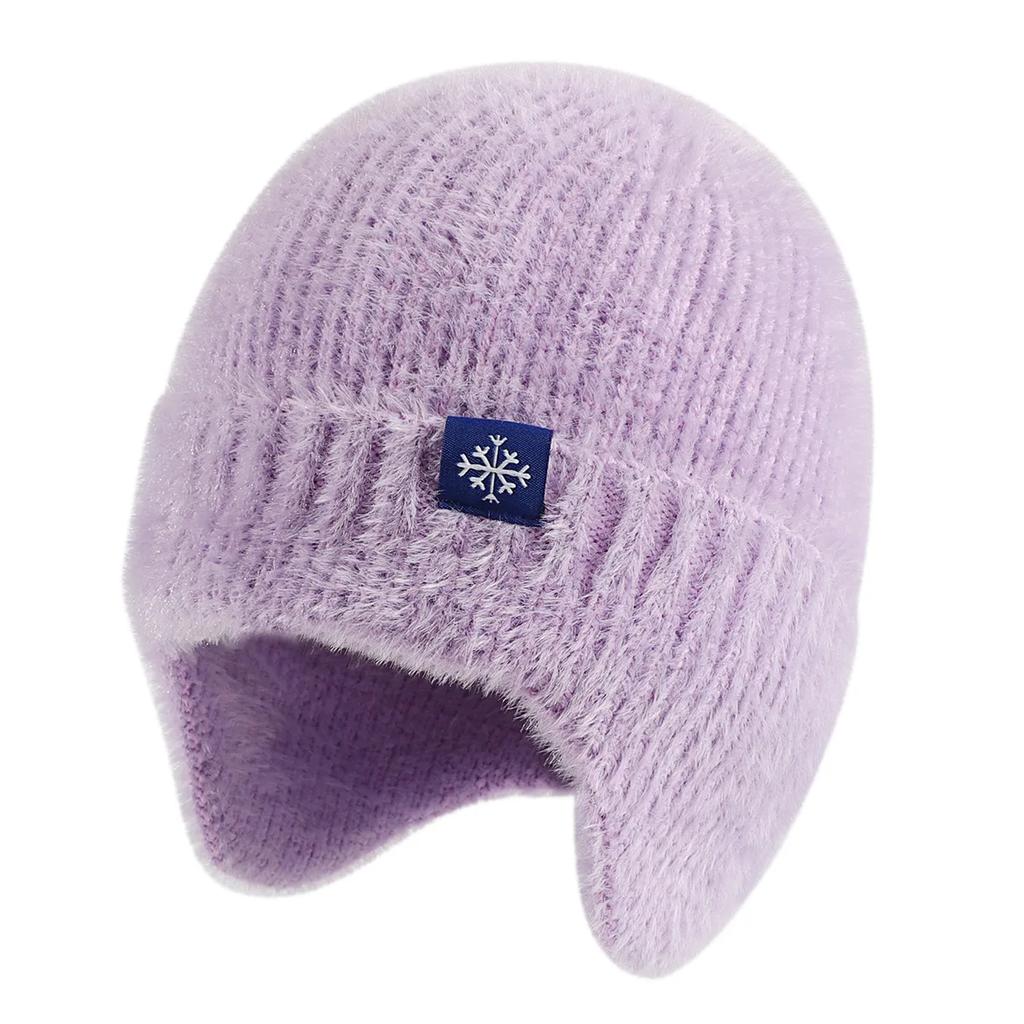 Winter Knit Earflap Beanie Soft Hat Outdoor Warm Woolen Snow Logo Plush Lined Brimmed Ski Skull Caps Blank Black Cold Hats