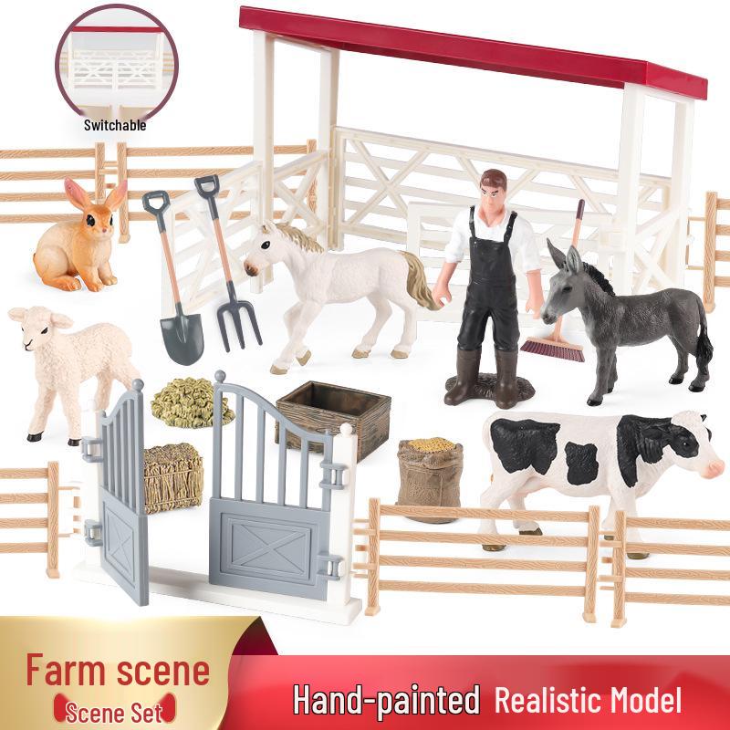 Farm Animal and Human Figures Playset with Fences: Rabbit, Sheep, Donkey, Cow - Parent-Child Simulation Toy
