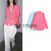 Summer New Product Women's Clothes Cotton Blend Asymmetric Hem Contrast Color Button Ruched Lapel Shirt 8041278