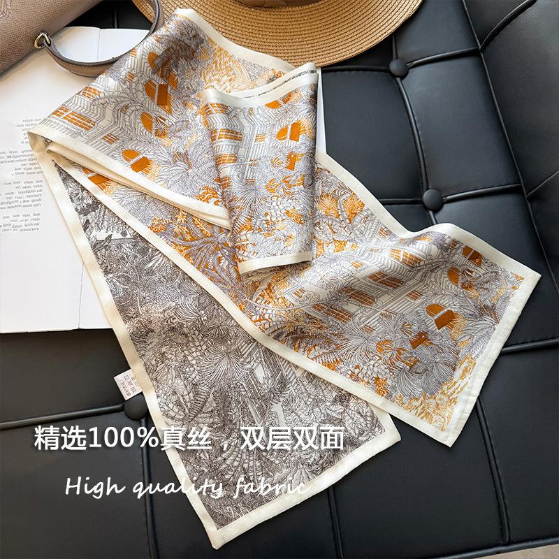 Beige silk long silk scarf light luxury neck high sense women s mulberry silk shirt streamer thin scarf