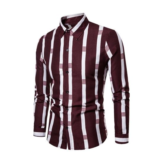 Spring Men Shirt Contrast Color Striped Print Thin Long Sleeves Turn-down Collar Loose Single-breasted Formal Business Style Casual Top