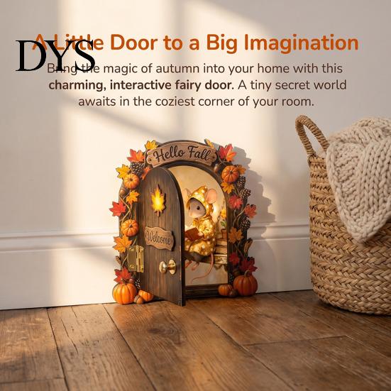 Fall Home Decor Accents Elf Wooden Door Halloween Decor, 2D Fairy Mouse Miniature Wall Rustic Autumn Shelf Hanging, Ornament for Home, Thanksgiving