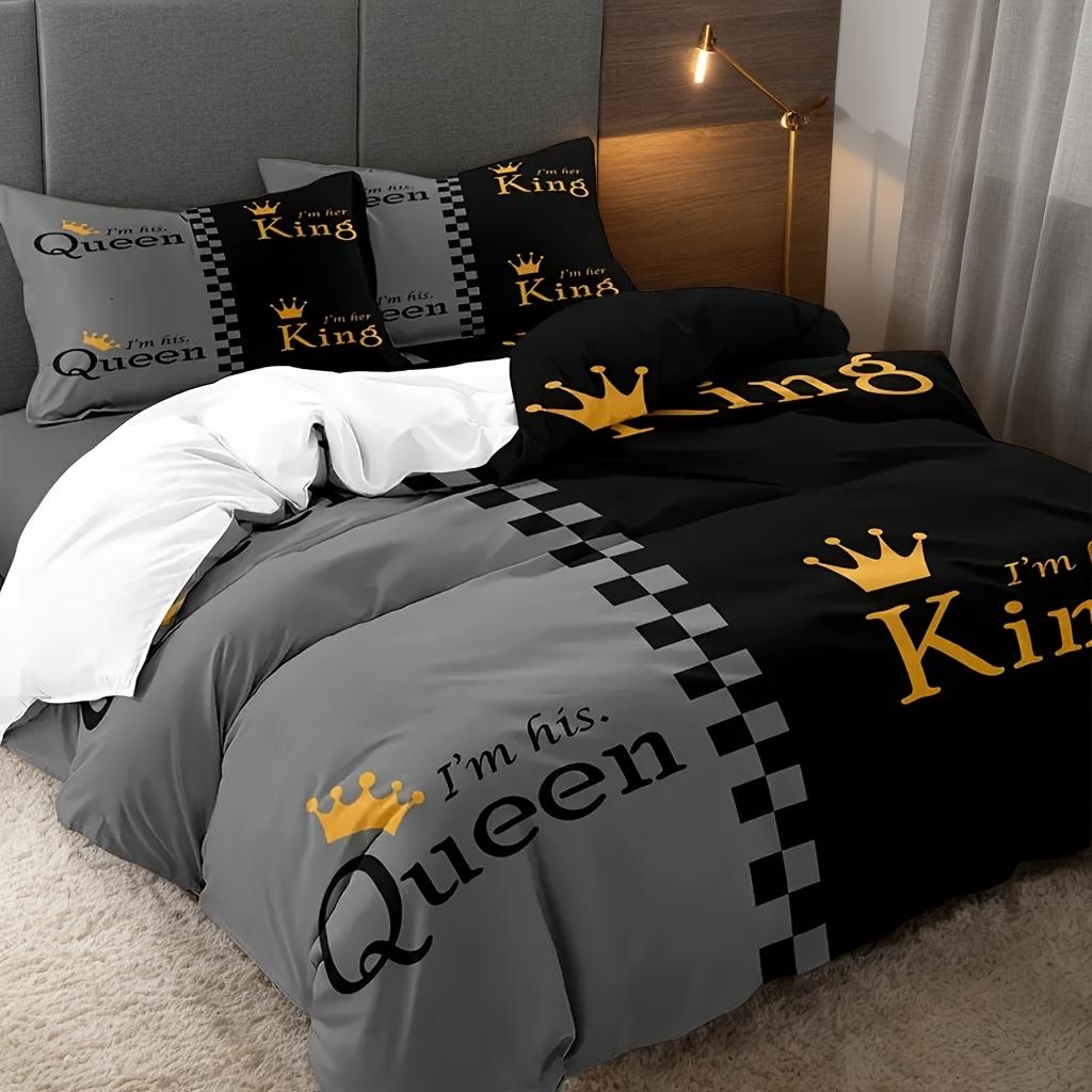 Valentine'S Day King And Queen Duvet Cover Set Crown Design Print Soft And Breathable Polyester Machine Washable