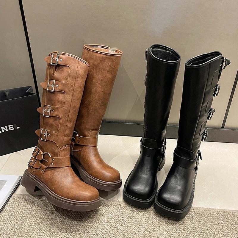 Neue hochwertige Wasteland-Stil Vintage T-Barrel Westernstiefel für Damen Schwarz Gürtelriemen Stiefelschuhe Braun Plateauschuhe