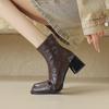 High Heel Coarse Heel Short Boots Women's Spring and Autumn Single Boots Retro Brown Rear Zipper Square Head